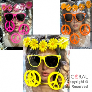 SET DISFRAZ VINCHA FLORES ANTEOJOS FLUO CON ARITOS Y COLLAR SIMBOLO DE LA PAZ FLUO x 1